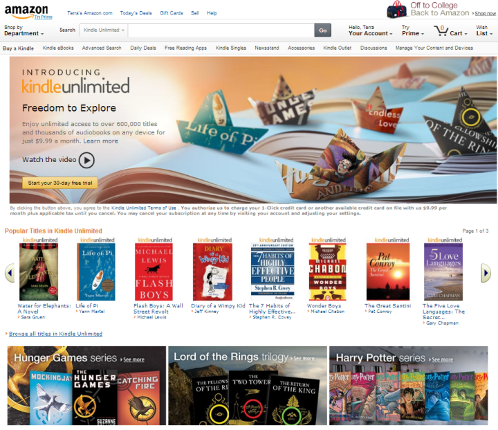 First day of Amazon Kindle Unlimited